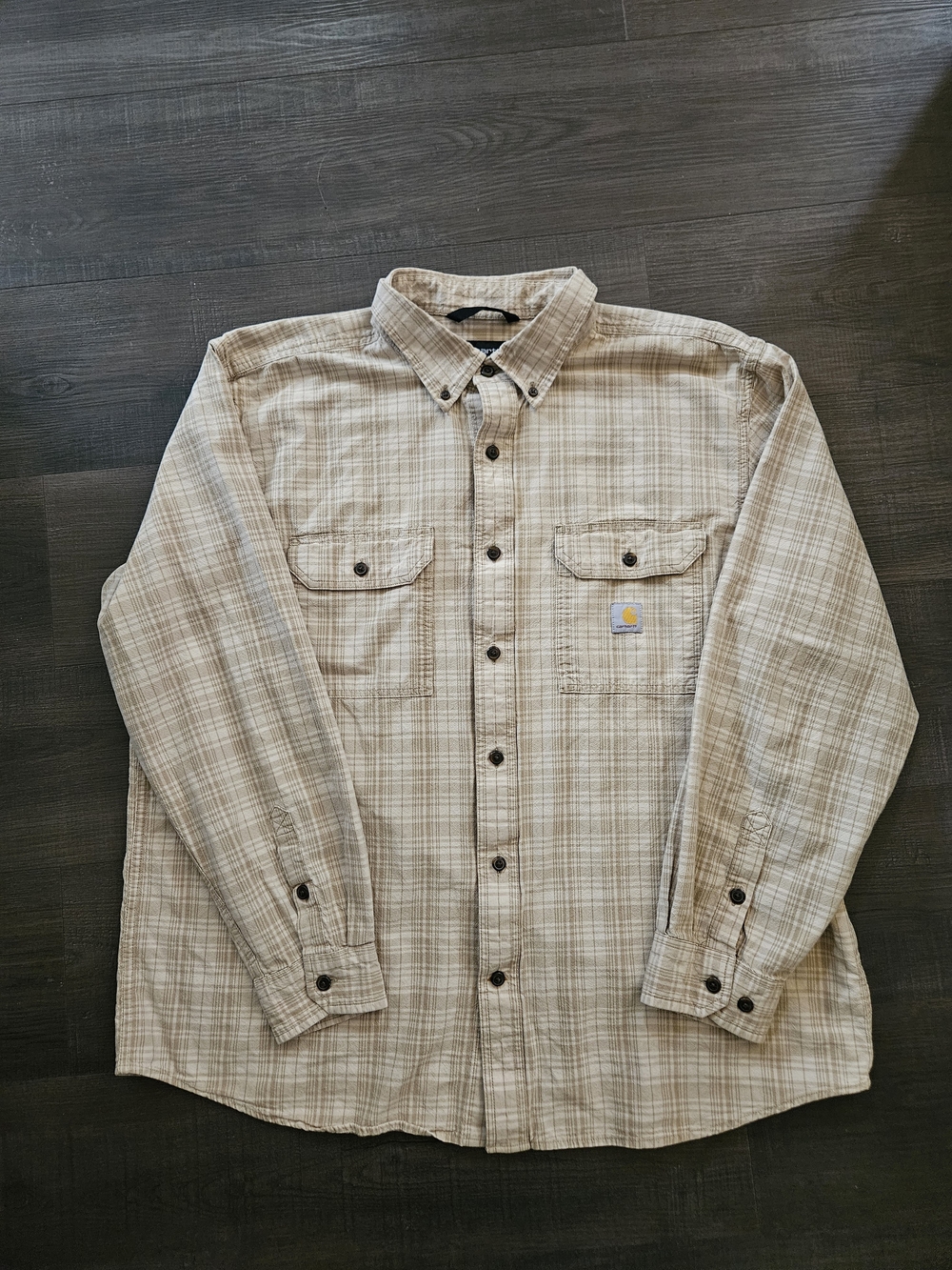 Carhartt Men's XL Loose Fit Midweight Chambray Long-Sleeve Plaid Shirt Tan Khaki